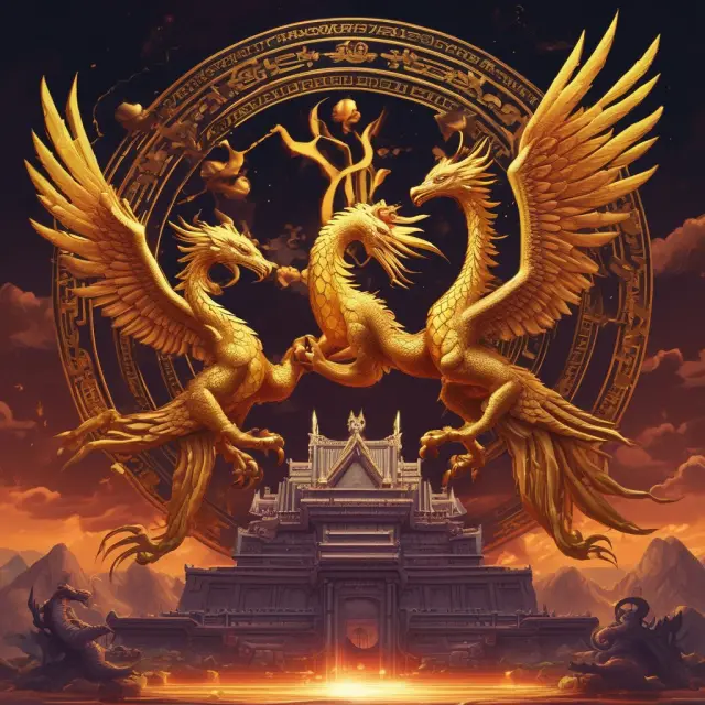 A golden phoenix buying Bitcoin from a dragon selling it on two sides of a dual-sided cryptocurrency exchange, symbolizing cross-exchange arbitrage opportunities.