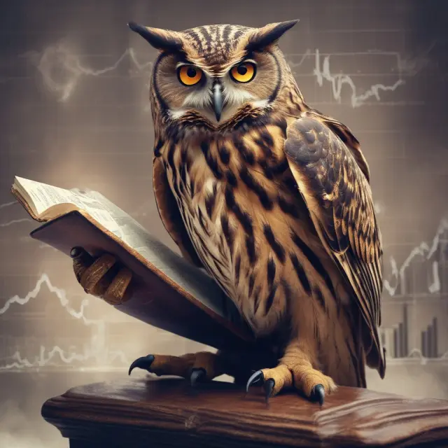 An owl representing FINRA, with a gavel, overseeing a bustling stock market scene, depicting arbitration in securities investments
