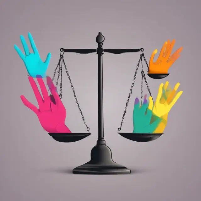 Scales with multicolored hands symbolizing diverse arbitrators achieving fairness and balance