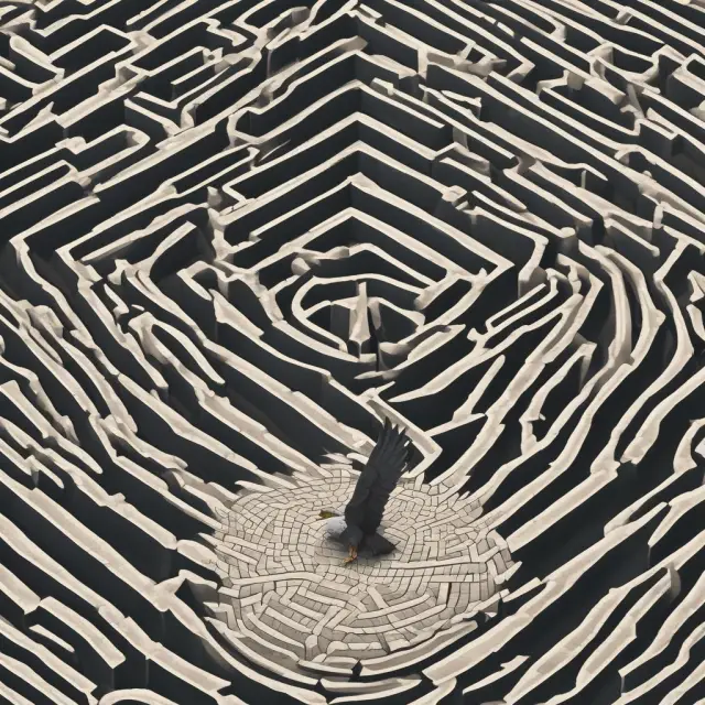 An arbitration scale represents balance between investor and FINRA as an eagle oversees a winding maze, emphasizing the role of mandatory arbitration in resolving disputes through FINRA