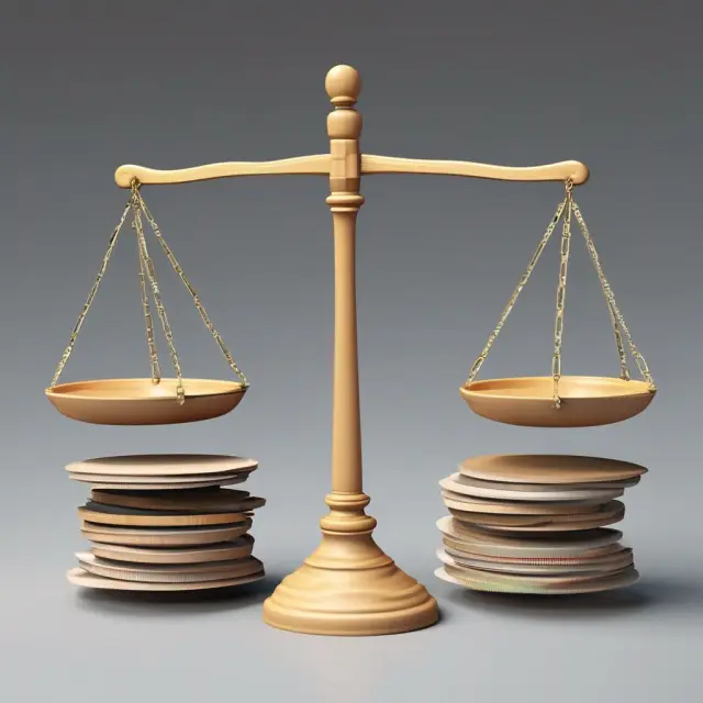 Scales balanced between two pans, representing the arithmetic mean in finance; one pan holds the sum total of financial numbers, while the other represents their count.