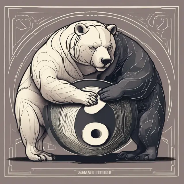 An arithmetic bull and geometric bear discussing their differences in front of a yin-yang representing compounding returns