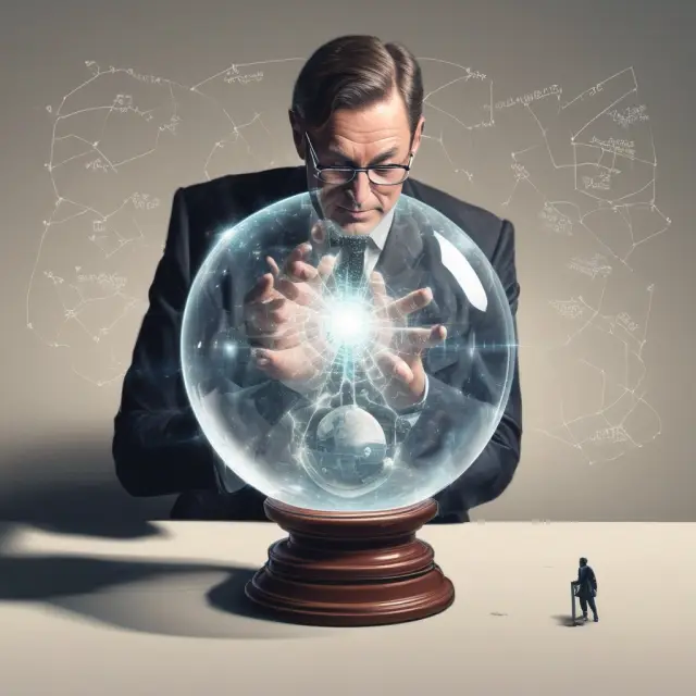 Richard Arms calculating the Arms Index (TRIN) using a crystal ball, showing advancing and declining stocks with their respective volumes