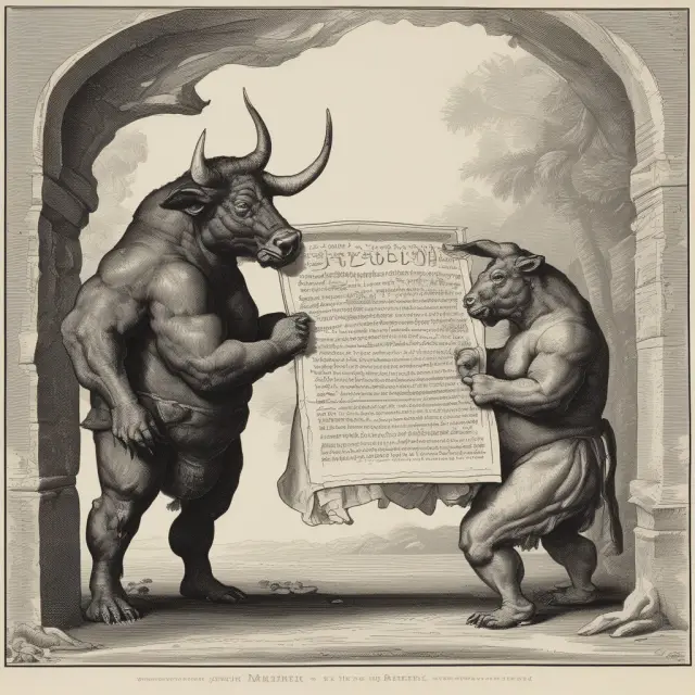 Bull and bear analyzing a TRIN value scroll, depicting stock market health
