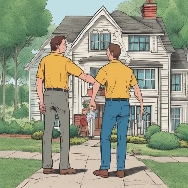 Man and son at a table, signing real estate papers - Arm