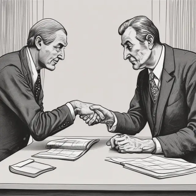 Two figures, each in their own booth, engaged in fair and unbiased negotiations, signifying arm