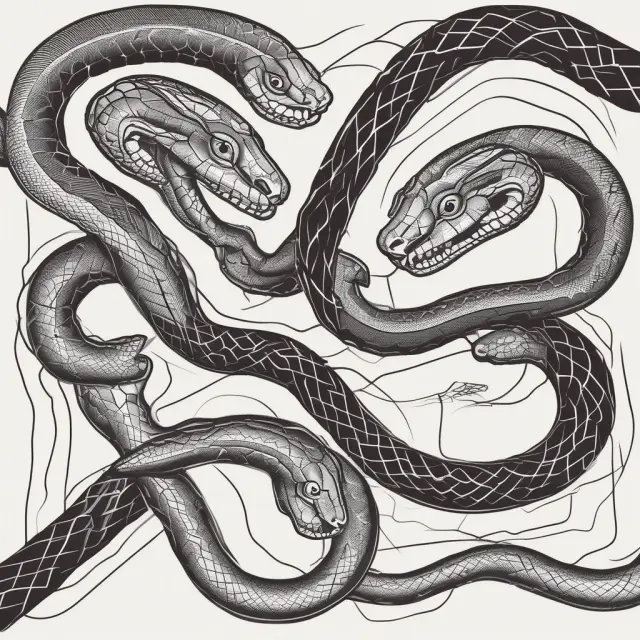 Two intertwined serpents representing Aroon Up and Down lines, highlighting trend shifts in finance