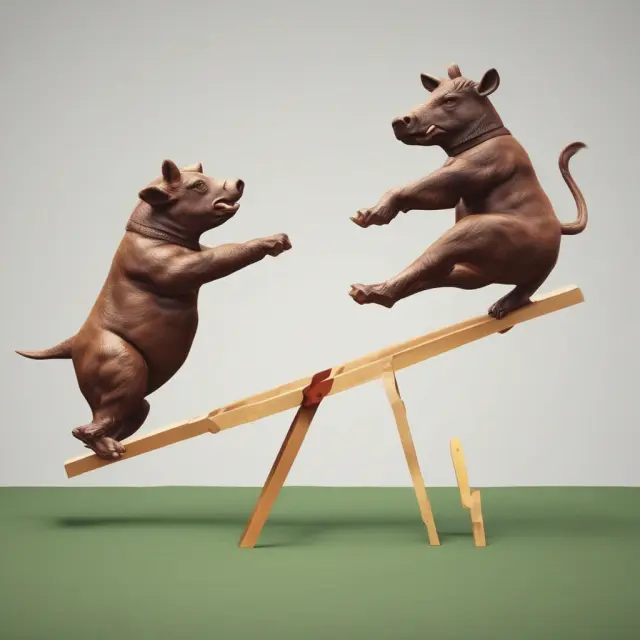 Bull and bear figures dance on a seesaw representing Aroon indicator