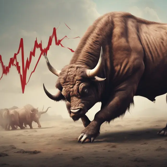 Two mythical creatures, a bull and a bear, engaging in a battle, with the bull crossing above the bear at a trend-crossing event on a stock market chart