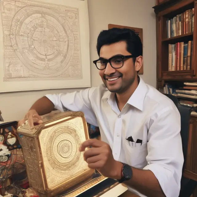 An image of Tushar Chande writing the Aroon Oscillator formula on Sanskrit parchment, representing the indicator