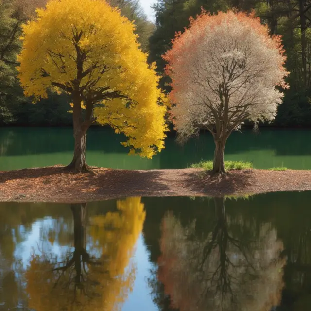 Two distinct trees growing beside a pond, one taller and with red leaves, the other shorter and green, symbolizing different companies