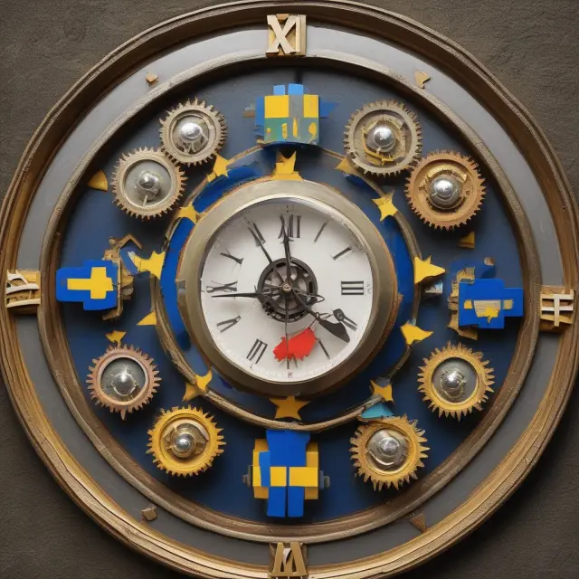 An antique clock with EU countries forming the gears. Article 50 is depicted as the clock