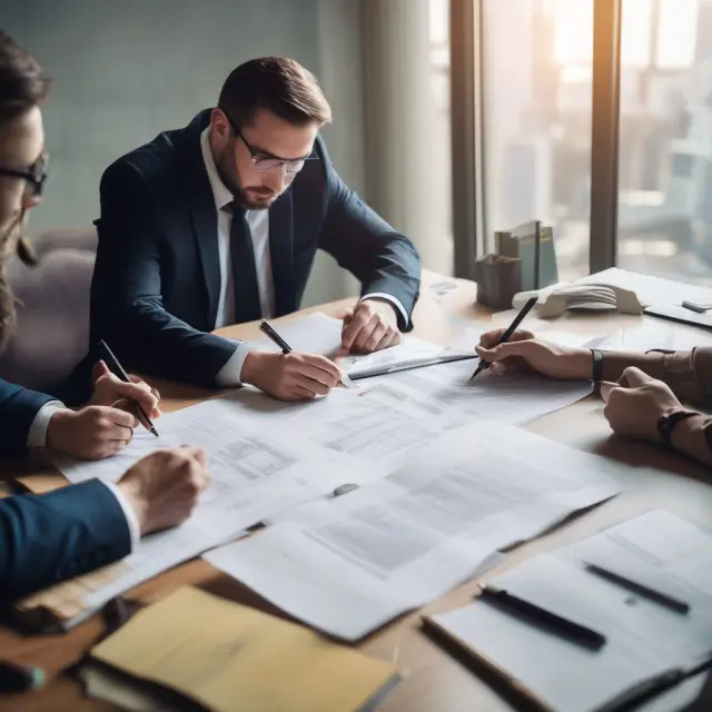 An architect building a house with a lawyer and accountant, illustrating the collaboration between professionals in drafting articles of association for a strong business foundation.