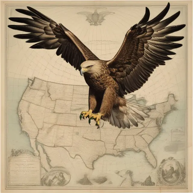 Golden eagle holding articles of incorporation flying above a map, signifying filing process for starting a US corporation