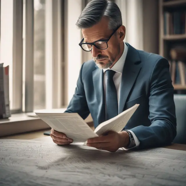 An institutional investor studying articles of incorporation, with documents resembling a woven protective shield and a detailed roadmap