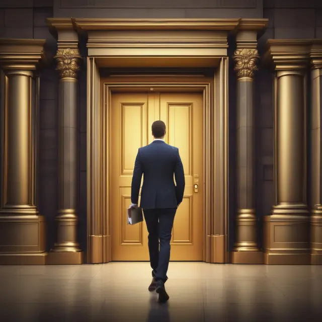  Entrepreneur stepping through gold doors symbolizing filed articles of incorporation, unlocking tax savings, stock issuance, and personal liability protection