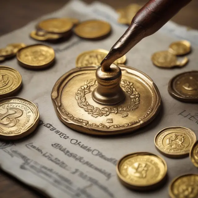 An image of a scale balancing gold coins labeled with various state names and a golden hand inscribing 