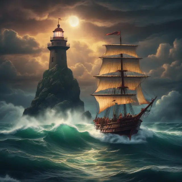 An entrepreneur navigating rough waters, using a lighthouse beam that highlights the essential articles of incorporation requirements.