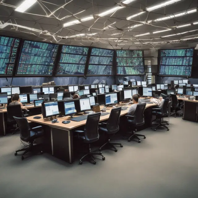 Institutional traders analyzing ascending triangles with charting platforms, moving averages, RSI oscillators, Fibonacci retracements, and volume analysis on a high-tech trading floor