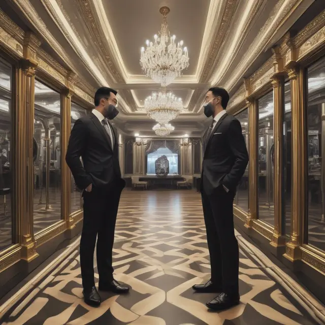 An investor navigates through a mirrored hall, balancing on one foot while dealing with equity option volatility and counterparty risks in ASCOTs.