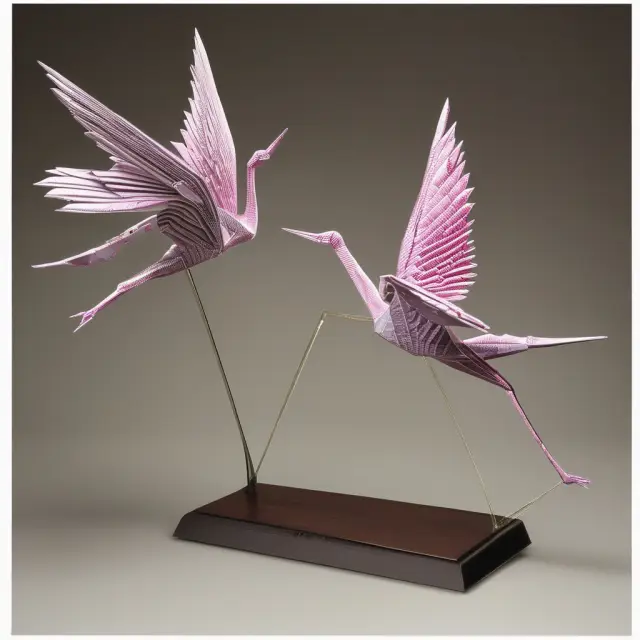 Two origami cranes symbolizing Japan and the United States spread their wings to reveal intricate diagrams detailing Asian Development Bank facts, funding, membership, and challenges.