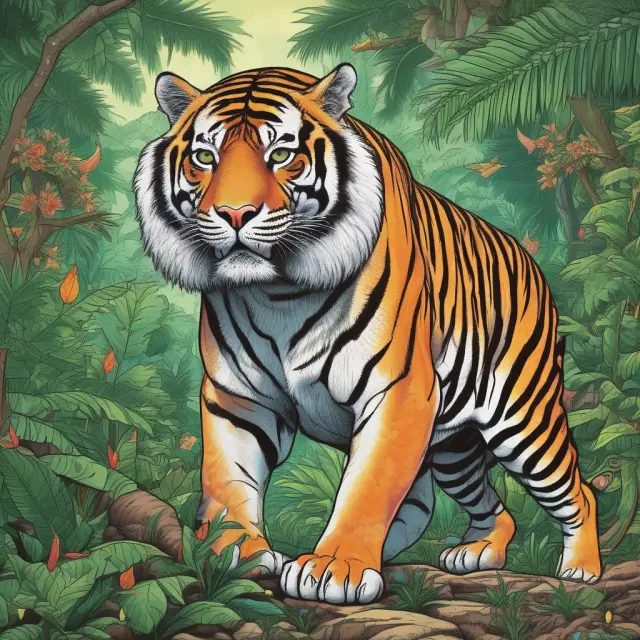 An Asian tiger in a jungle of economic growth faces debt-laden trees and monetary policy boulders, symbolizing the risks and challenges during the Asian Financial Crisis.