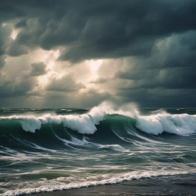 A stormy sea symbolizing the Asian financial crisis with waves of insolvencies, recessions, and regime changes