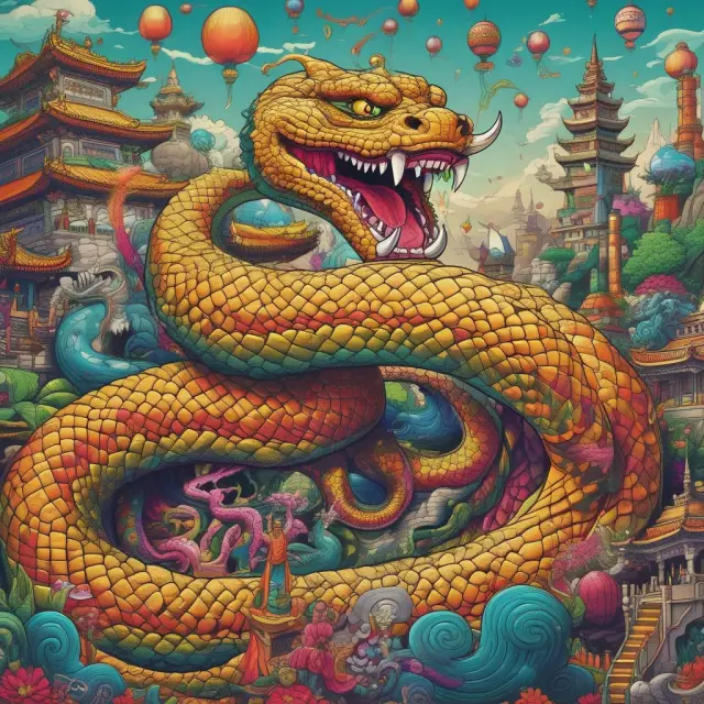 A snake symbolizing moral hazard encircling a fragile asset bubble amidst the hustle and bustle of an Asian market, emphasizing the risks associated with speculative investments