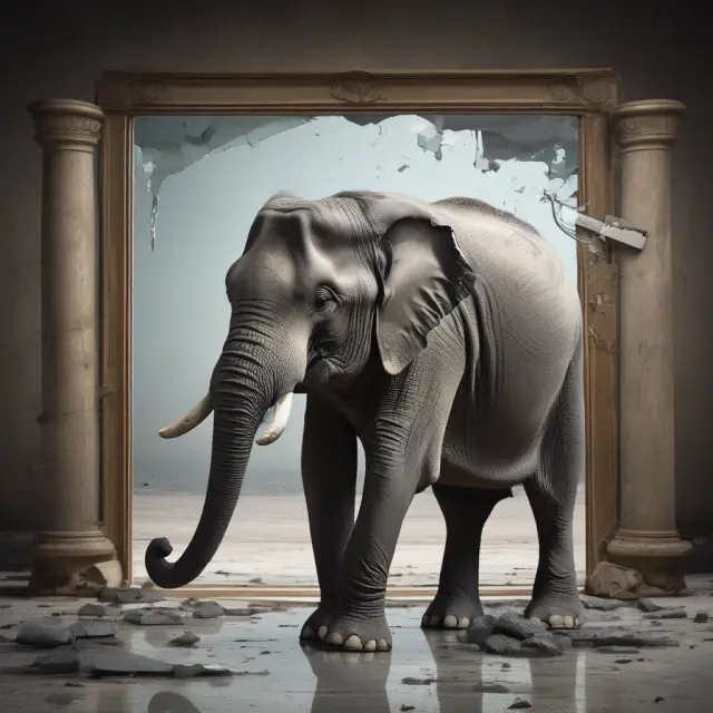 Asian elephant reflecting on shattered mirror, representing economic insights gained from Asian Financial Crisis