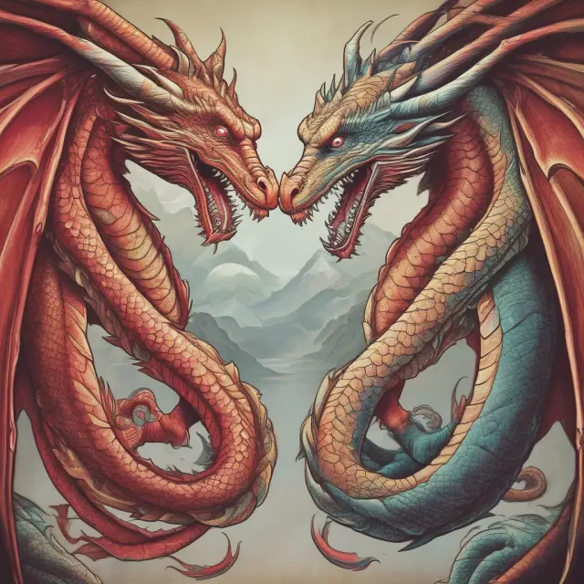 Dragons symbolizing the Asian Infrastructure Investment Bank (AIIB) and other multilateral development banks like the World Bank and IMF intertwined, illustrating their similarities and differences.