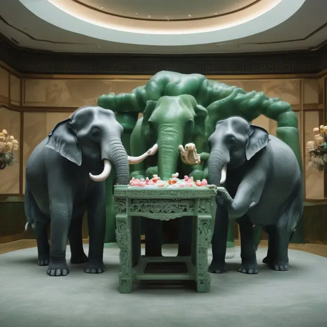 Two Asian elephants collaborating around a jade table, representing sovereign wealth funds partnering with AIIB for infrastructure investments.