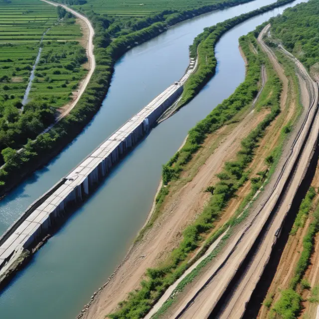 An Asian river filled with colorful boats representing diverse infrastructure projects - roads, railways, and renewable energy