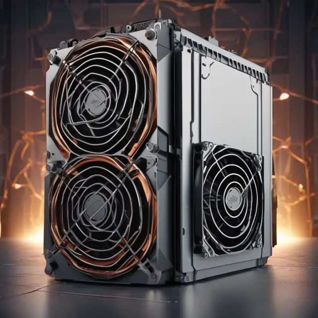 A powerful, yet tamed ASIC mining beast rests on a scale, balanced by power consumption, location planning, and return on investment calculations.