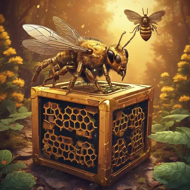 A golden ASIC miner resembling a bee hive amidst a digital forest, symbolizing efficient cryptocurrency mining.