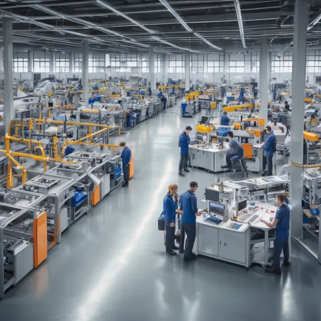 Factory scene featuring assembly lines for customized components and a waiting customer, symbolizing the balanced approach of Assemble-to-Order production strategy