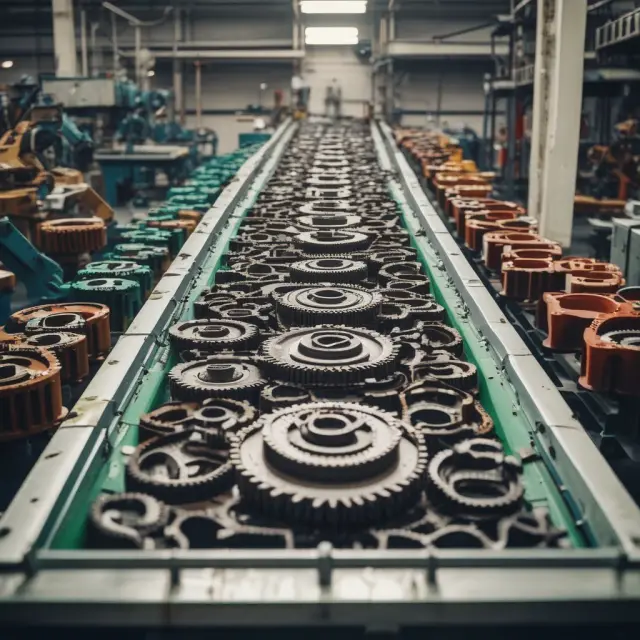 A dynamic image of cogs being assembled on a conveyor belt in a factory environment, representing the execution of Assemble-to-Order strategies