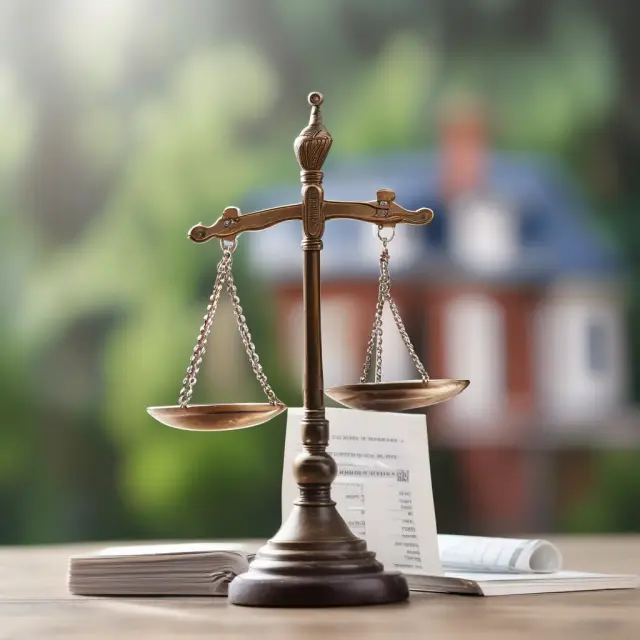 A balanced set of justice scales tilting in favor of a house as it