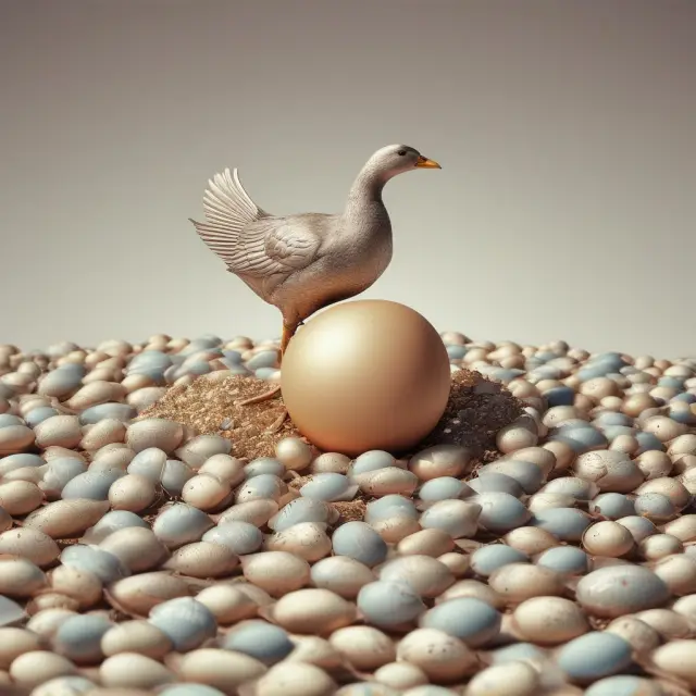 Golden goose symbolically lays steady income-generating eggs on a pile of asset classes, representing the benefits of investing in Asset-Backed Securities for diversification and consistent returns.