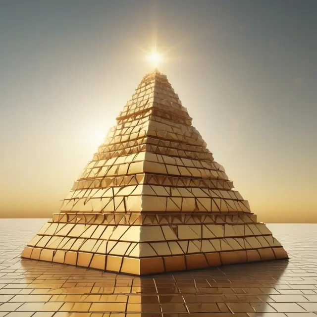 A golden pyramid symbolizing the structure of an ABS with tranches flowing from its base, depicting senior, mezzanine, and junior/equity classes.