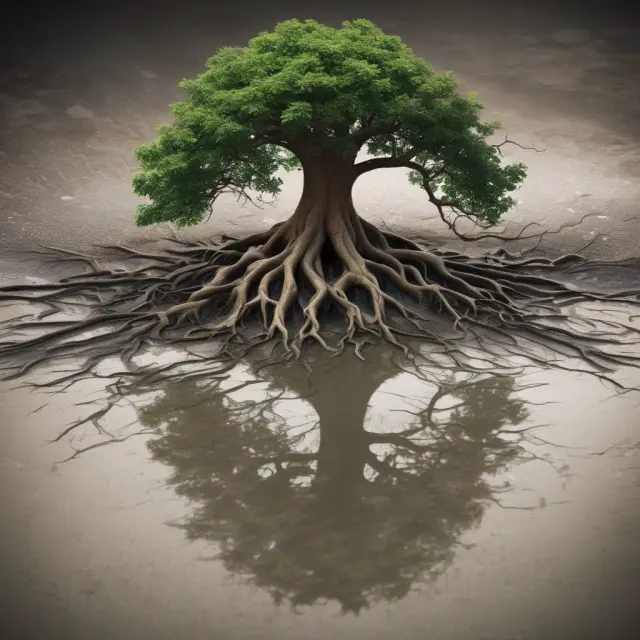A sturdy, credit-worthy tree with various roots thriving in shallow liquidity puddles, symbolizing the importance of evaluating credit and liquidity risks when investing in asset-backed securities