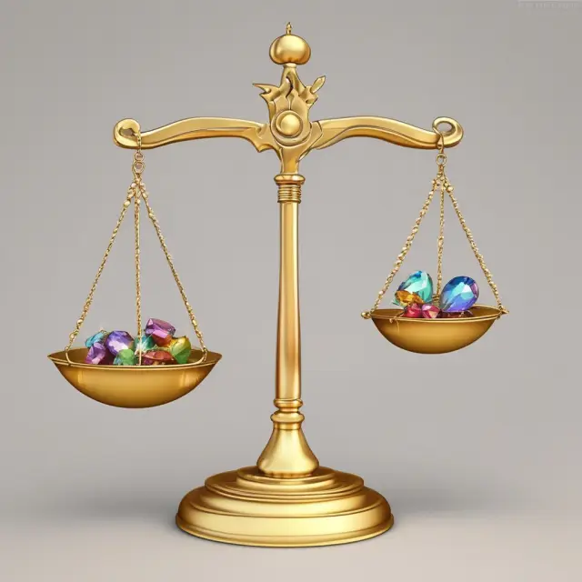 Balanced scale weighing gold, gems, and assets representing enterprise value