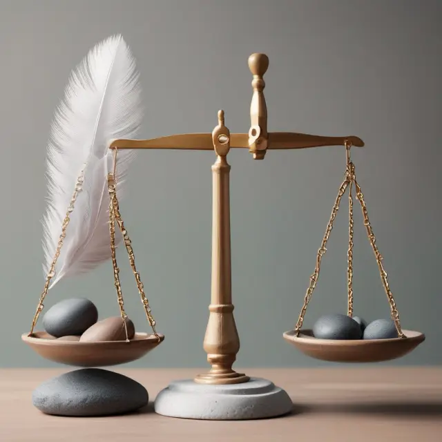 Balanced scale with intangible assets as feathers and tangible assets as stones, symbolizing the asset coverage ratio calculation