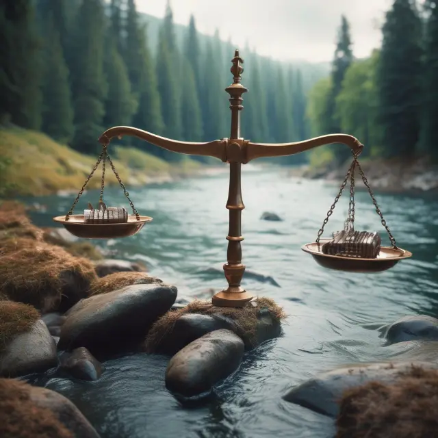 A balance scale with tangible assets on one side and intangible liabilities flowing as water from a river on the other, highlighting the importance of managing asset/liability risks.