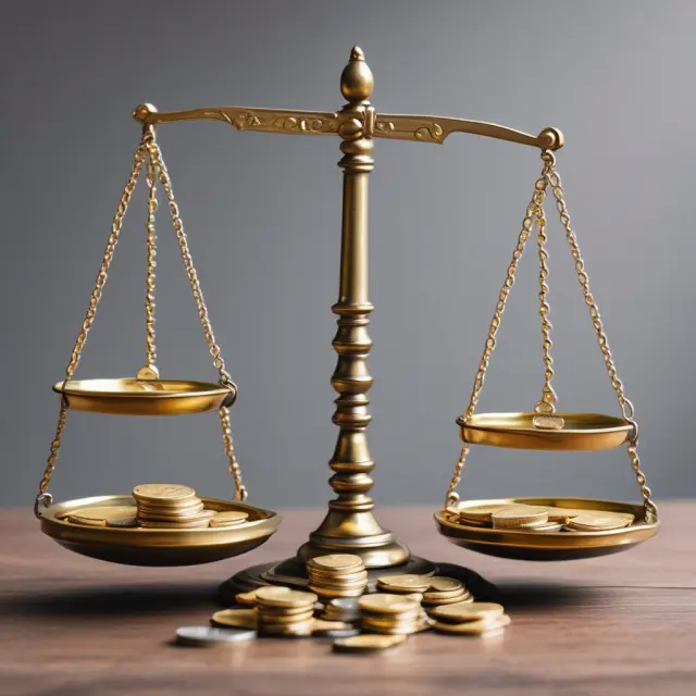 Gold coins symbolize assets, while silver coins represent liabilities. Balance scale illustrates successful Asset/Liability Management.