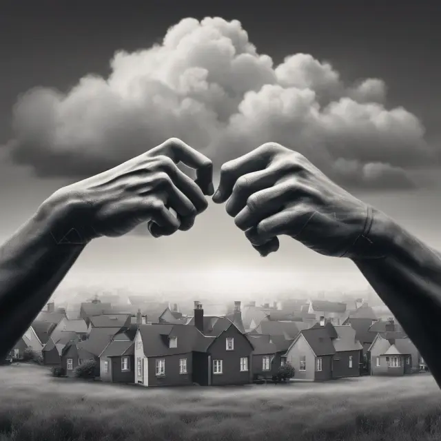 Two intertwined hands symbolizing tenancy by entirety forming a protective shield against encroaching storm clouds representing creditors