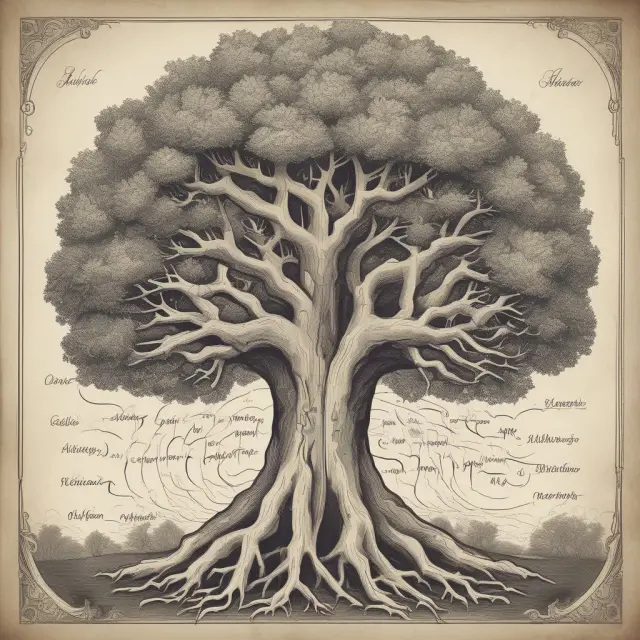 An ancient tree with intertwining roots symbolizing time and AROs, branches adorned with present value calculations for accurate financial reporting