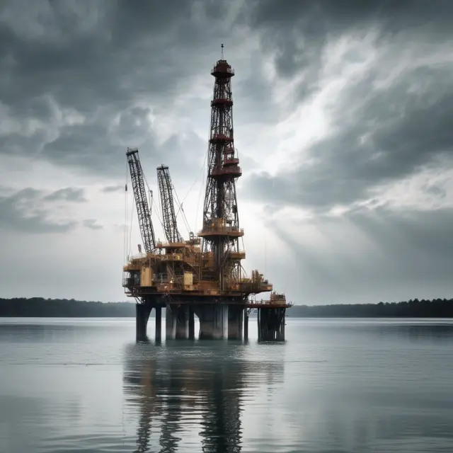 A drilling rig melting into a crystal clear lake, representing the implementation and significance of FASB Rule No. 143 for asset retirement obligations