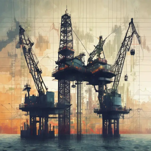 A leaking oil rig amidst financial charts represents the unforeseen costs impacting Asset Retirement Obligation calculations