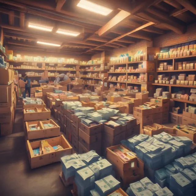A bustling marketplace scene representing various current assets: cash, accounts receivable, inventory, and prepaid expenses