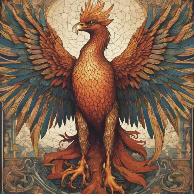 A gathering of intellectuals creating a mosaic of patents, trademarks, and copyrights. The phoenix symbolizes the transformation of intangible assets into valuable economic benefits for businesses